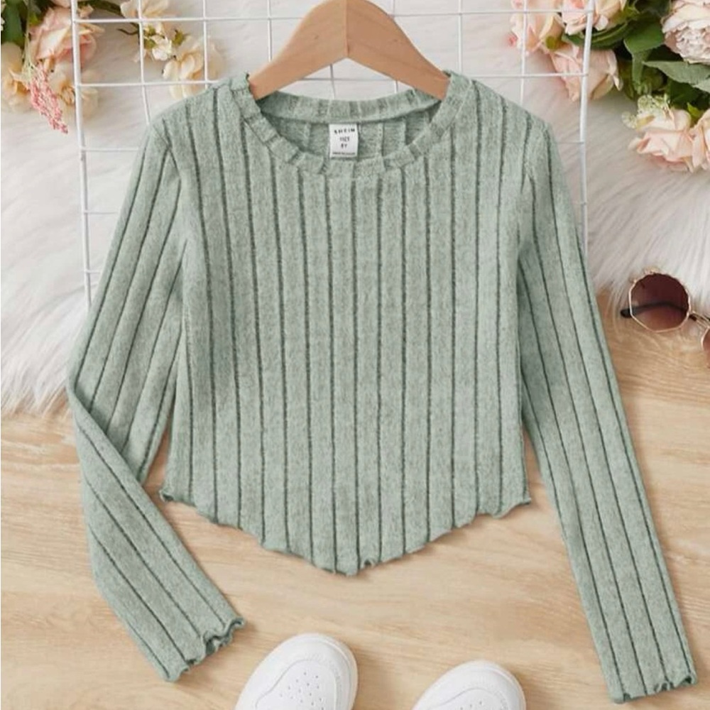 SHEIN Kids EVRYDAY Girls Lettuce Trim Hanky Hem Tee